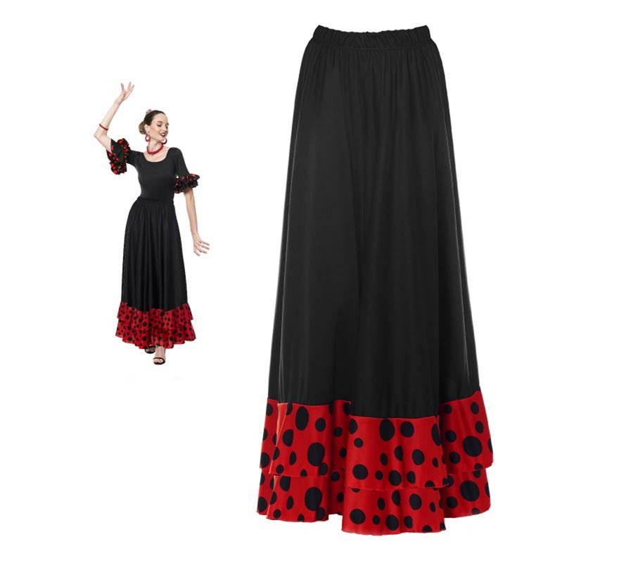 Translation missing: pt-PT.Falda Sevillana doble Volante con Lunar rojo y negro para mujer