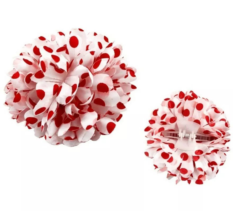 Translation missing: pt-PT.Flor Sevillana o Chulapa con lunares blanco y rojo de 13 cm con pinza