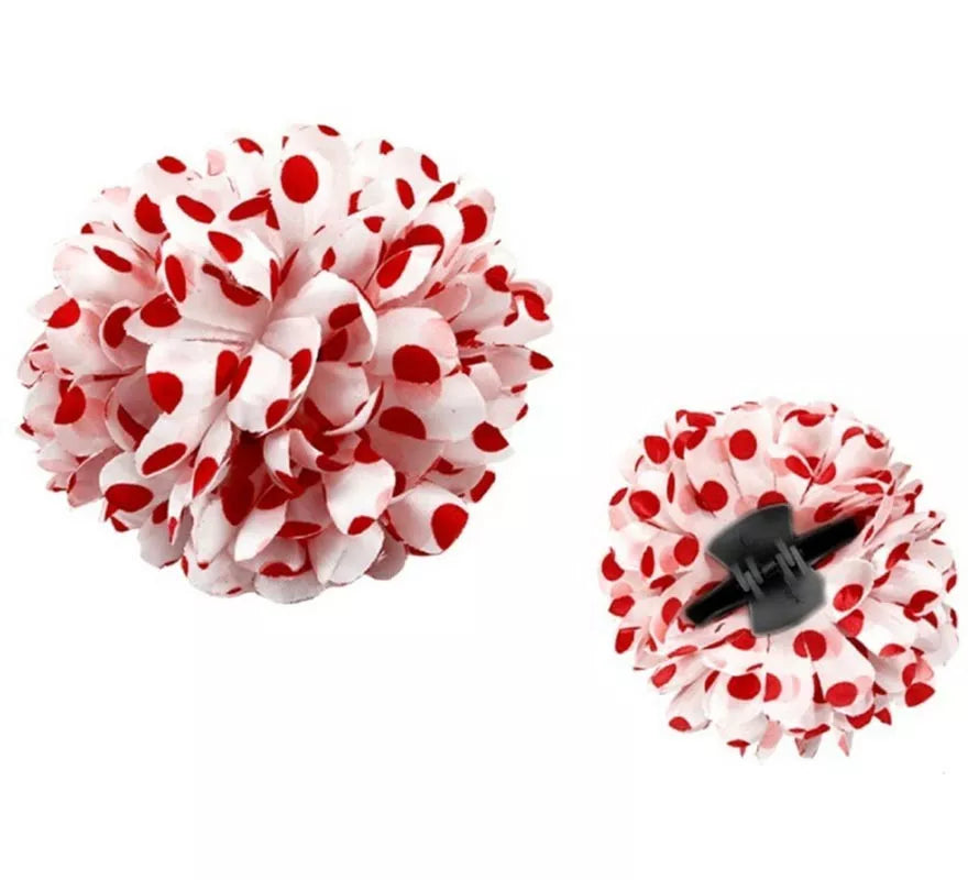 Translation missing: pt-PT.Flor Sevillana o Chulapa con lunares blanco y rojo de 8 cm con pinza