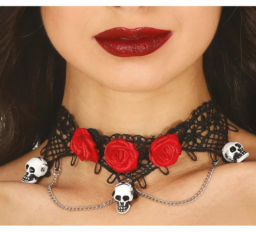 Translation missing: pt-PT.Gargantilla con Calaveras y Rosas Rojas
