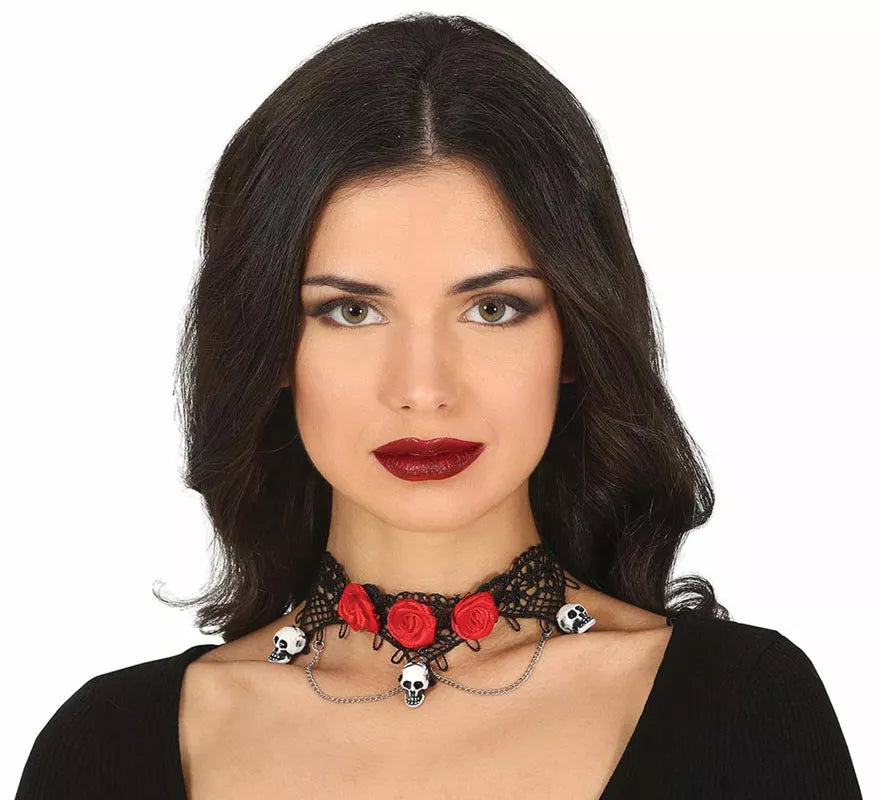 Translation missing: pt-PT.Gargantilla con Calaveras y Rosas Rojas