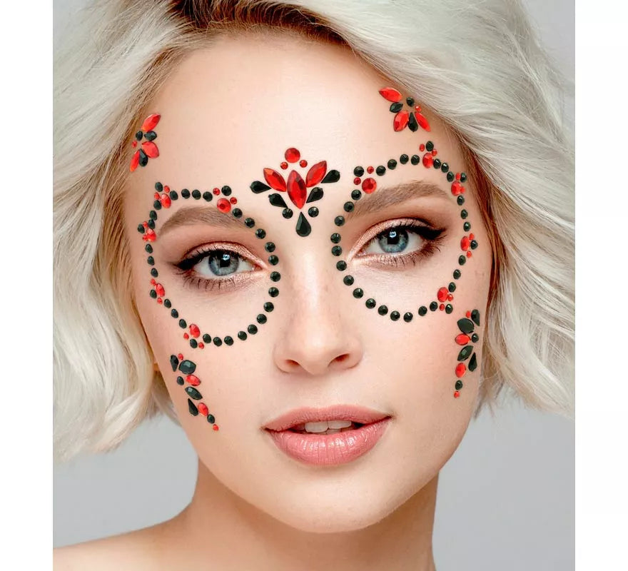 Gemas Faciales Adhesivas de Día de Los Muertos rojo y negro