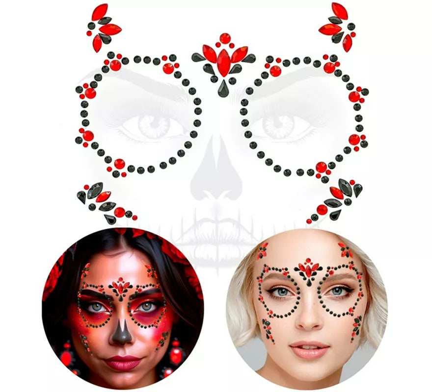 Translation missing: pt-PT.Gemas Faciales Adhesivas de Día de Los Muertos rojo y negro