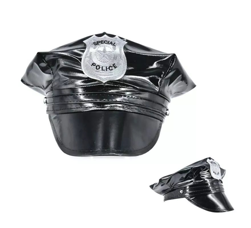 Translation missing: pt-PT.Gorra de Policía de vinilo con placa plateada