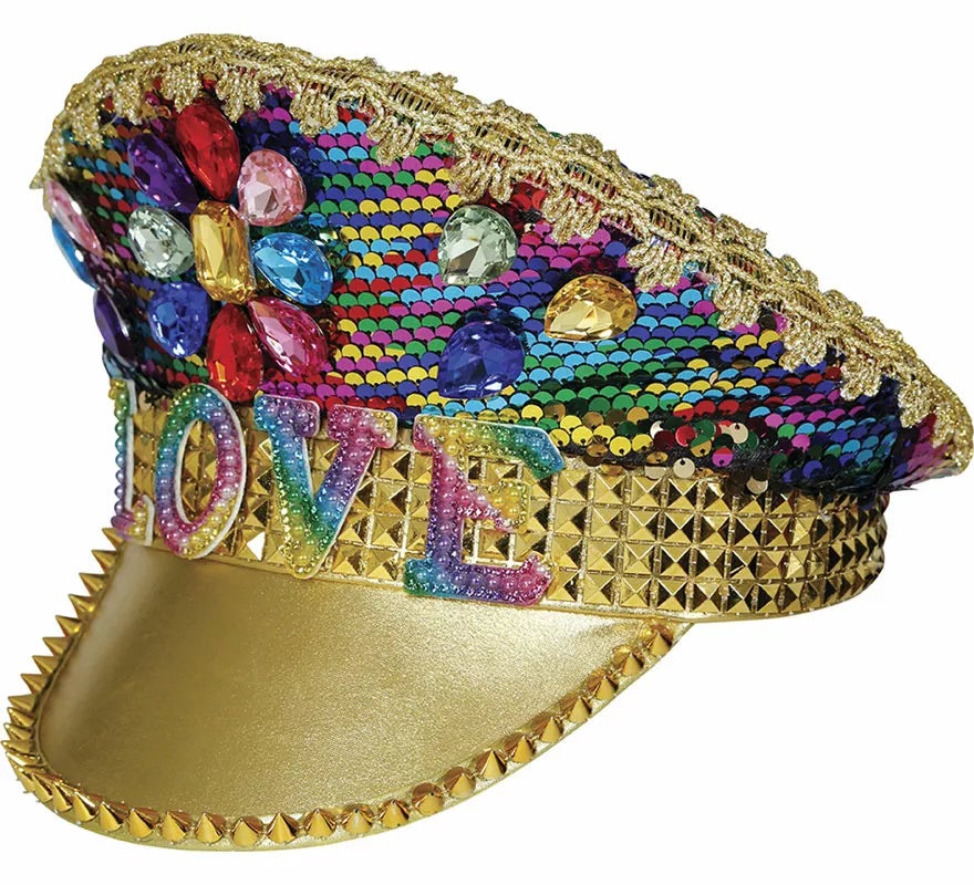 Gorra de Policía dorado Love con pedrería adulto