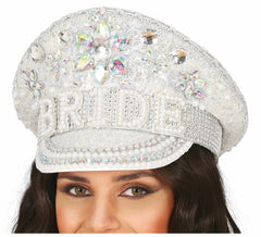 Boné de polícia de noiva prateado com strass para adulto