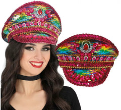 Boné rosa de policial com strass multicoloridos para adultos.