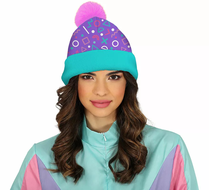 Translation missing: pt-PT.Gorro de Lana turquesa y rosa años 80 adulto