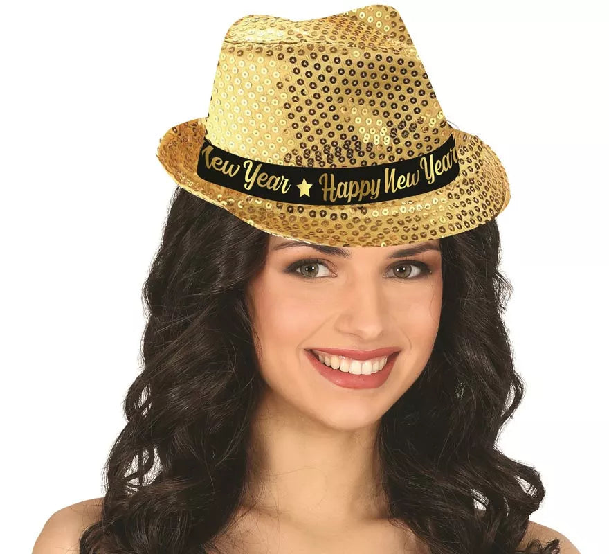 Translation missing: pt-PT.Gorro Gánster Happy New Year Lentejuelas dorado