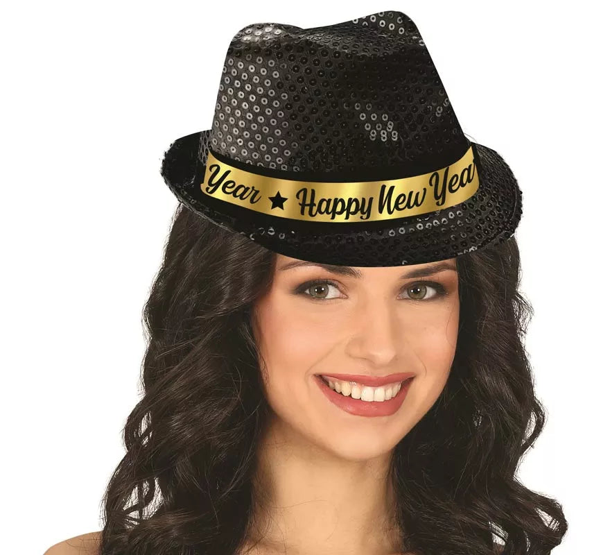 Translation missing: pt-PT.Gorro Gánster Happy New Year Lentejuelas negro