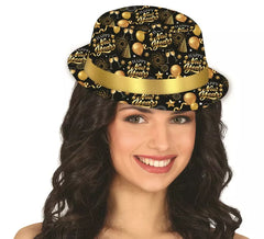 Chapéu de gangster feliz ano novo preto e dourado