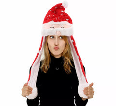 Gorro de Papai Noel com flocos de neve e orelhas que se movem com luz.