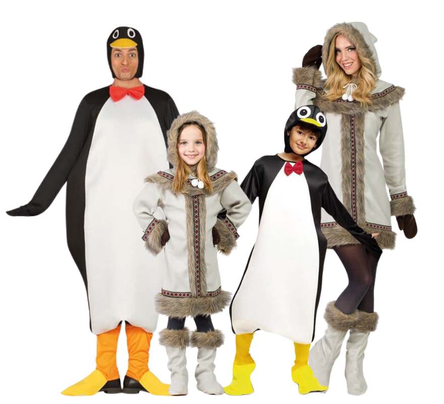 Grupo de esquimós e pinguins