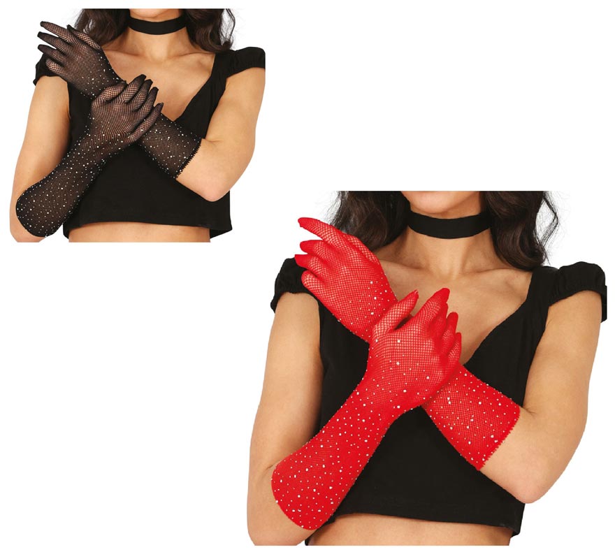 Translation missing: pt-PT.Guantes de Malla con pedrería en varios colores de 30 cm adulto