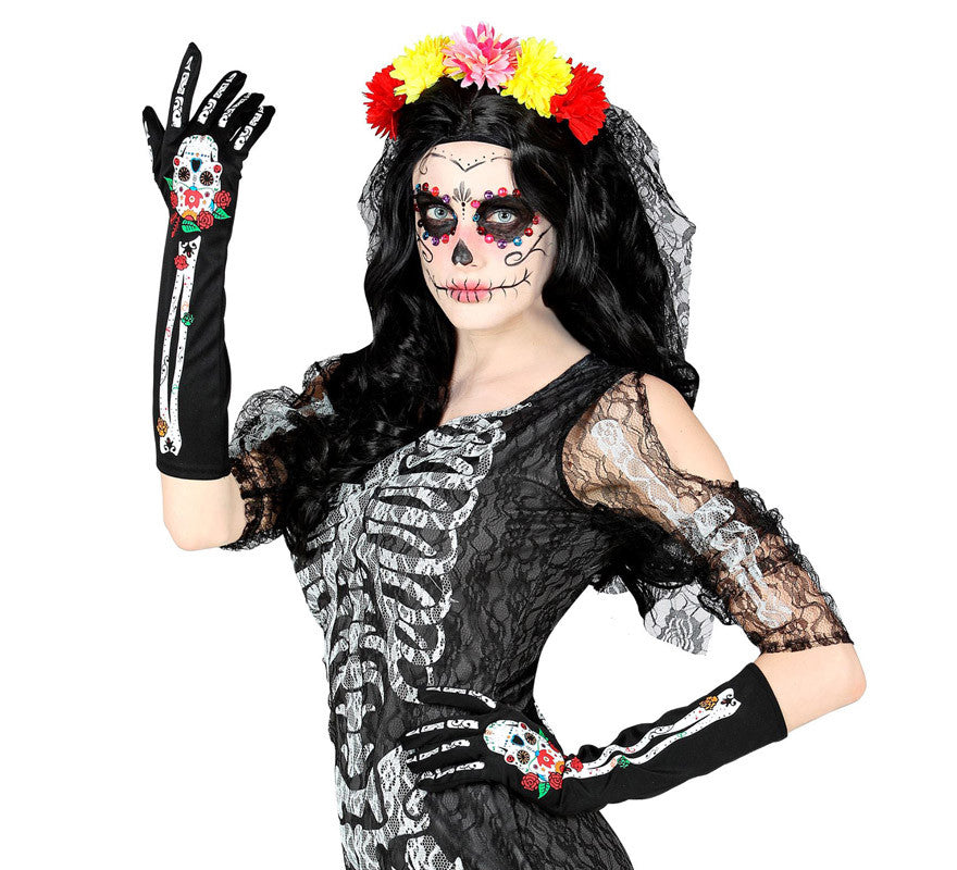 Guantes largos de Catrina Día de Los Muertos de 40 cm