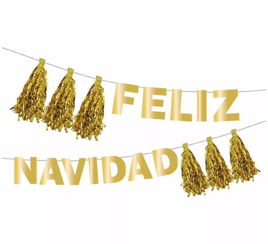 Translation missing: pt-PT.Guirnalda de Feliz Navidad con Pompones oro de 3 mts