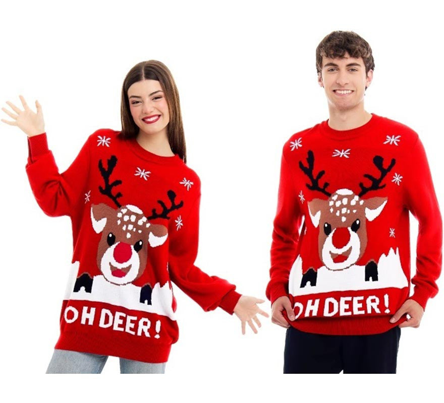 Translation missing: pt-PT.Jersey de Navidad Oh Deer rojo con reno para adulto