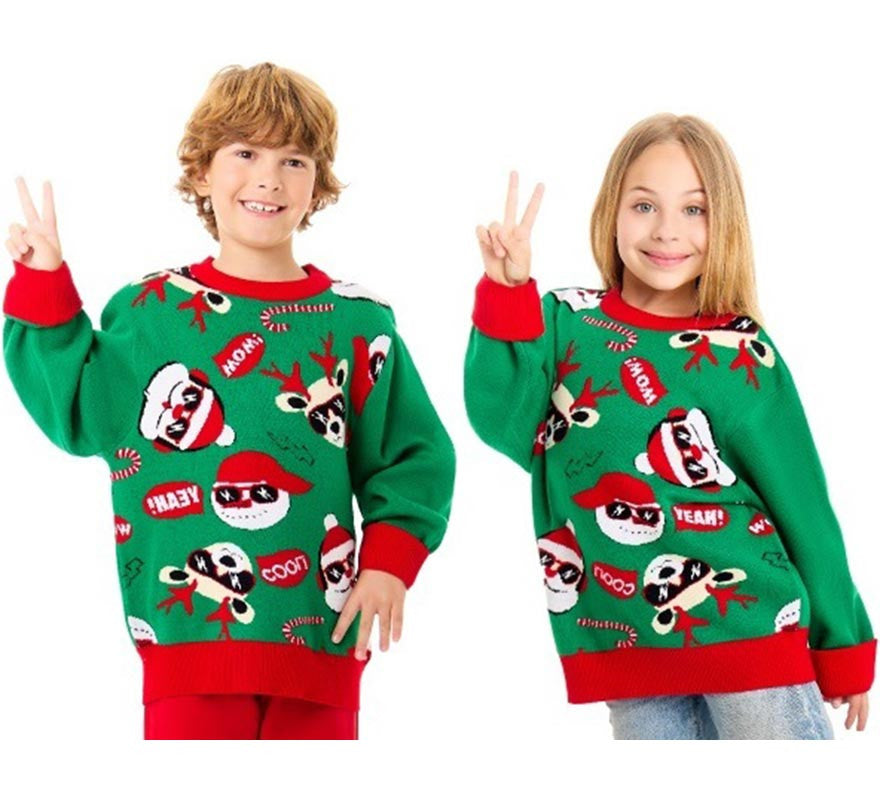 Translation missing: pt-PT.Jersey de Navidad Papá Noel Cool verde y rojo para niños