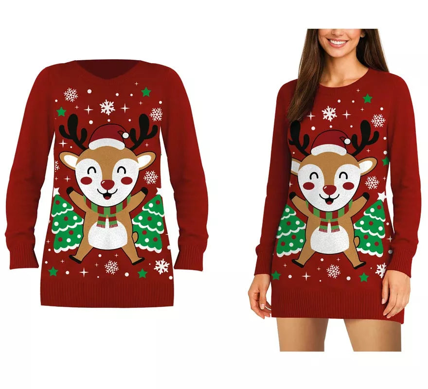 Jersey Largo Navideño de Reno para mujer