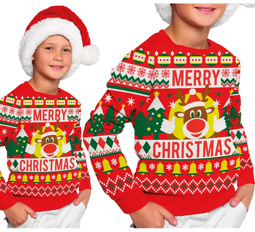 Translation missing: pt-PT.Jersey Navidad Reno Merry Christmas rojo para niños