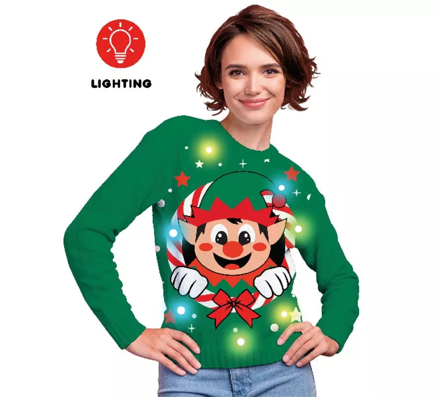 Translation missing: pt-PT.Jersey Navideño de Elfo con 12 Luces LED para mujer