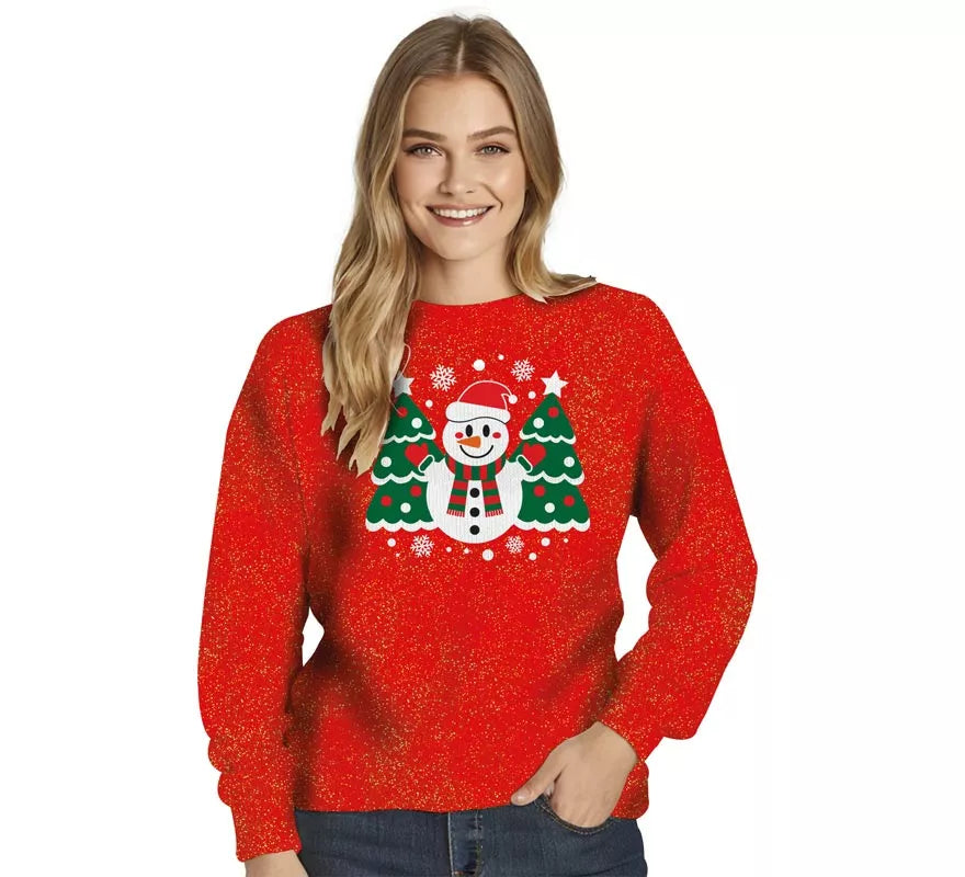 Translation missing: pt-PT.Jersey Navideño de Muñeco de Nieve con Purpurina para mujer