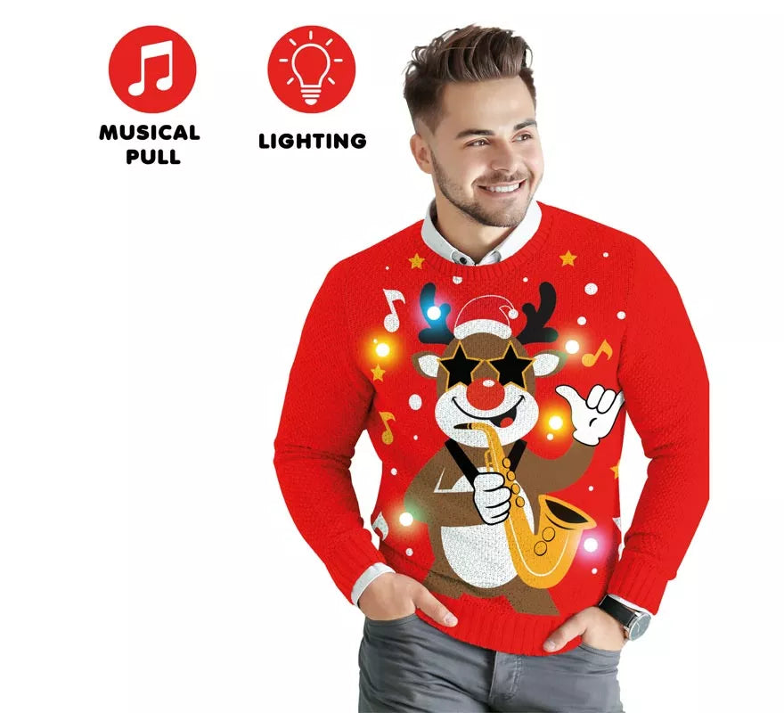Jersey Navideño de Reno con 12 Luces LED para hombre