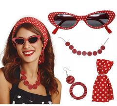 Kit dos anos 50: bandana, óculos, brincos e colar