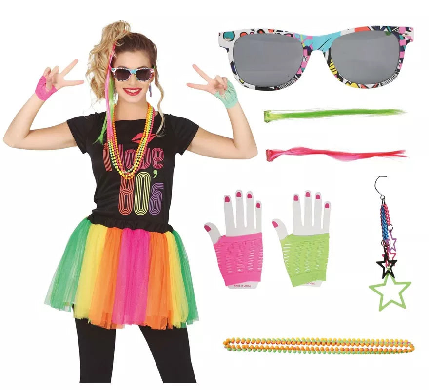 Kit Años 80: 2 Extensiones, Gafas, 2 Pendientes, 4 Collares y 2 Guantes