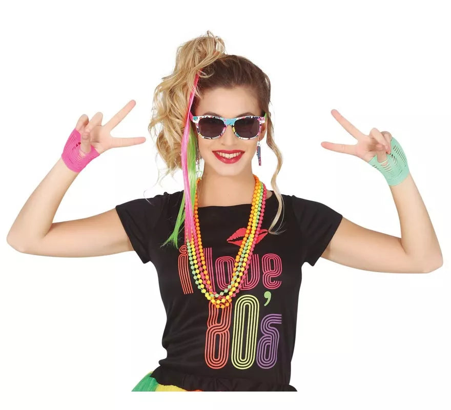 Kit Años 80: 2 Extensiones, Gafas, 2 Pendientes, 4 Collares y 2 Guantes