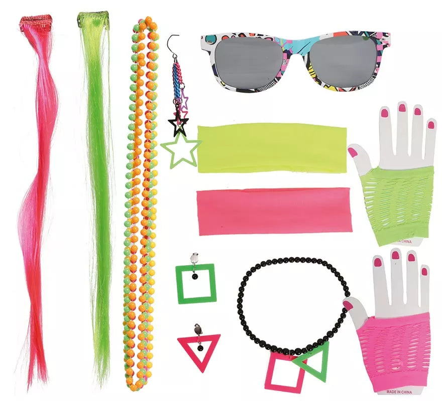 Translation missing: pt-PT.Kit Años 80: 2 Extensiones, Gafas, 2 Pendientes, 4 Collares y 2 Guantes