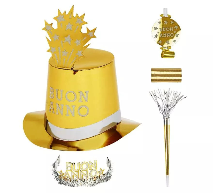 Kit Cotillón Buon Anno Dorado para 10 personas