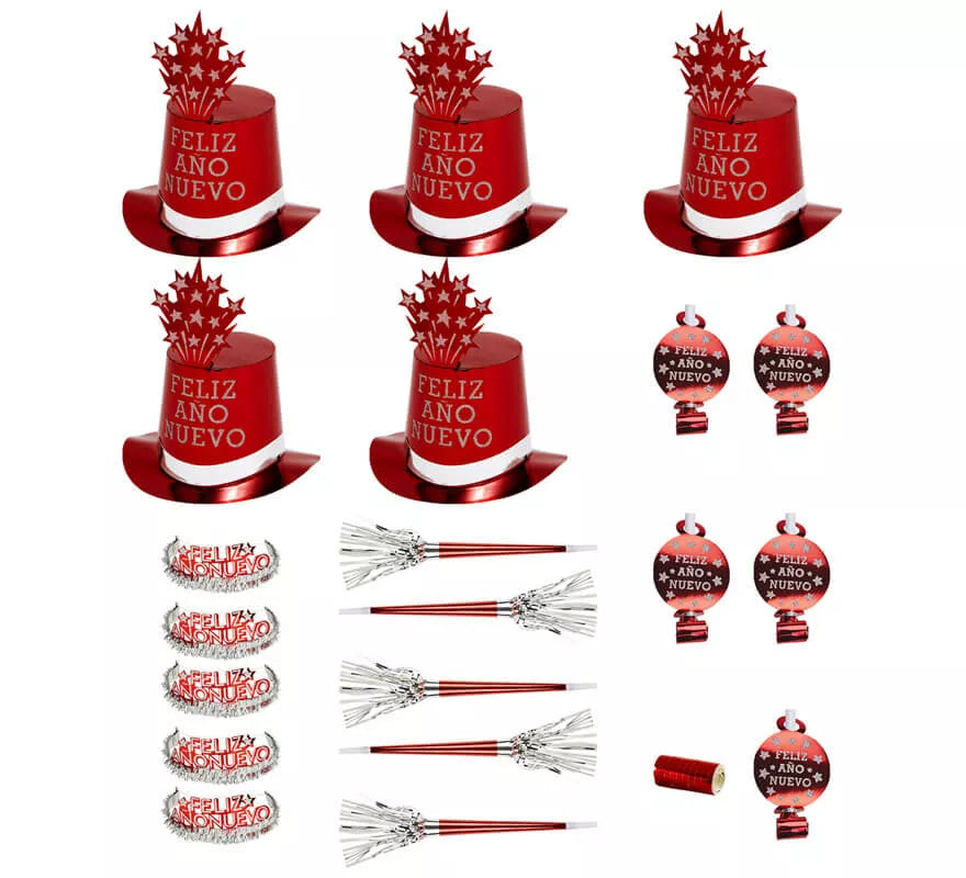 Translation missing: pt-PT.Kit Cotillón Feliz Año Nuevo Rojo para 10 personas