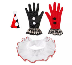 Kit Arlequim Vermelho e Preto: Mini Chapéu, Luvas e Rufo