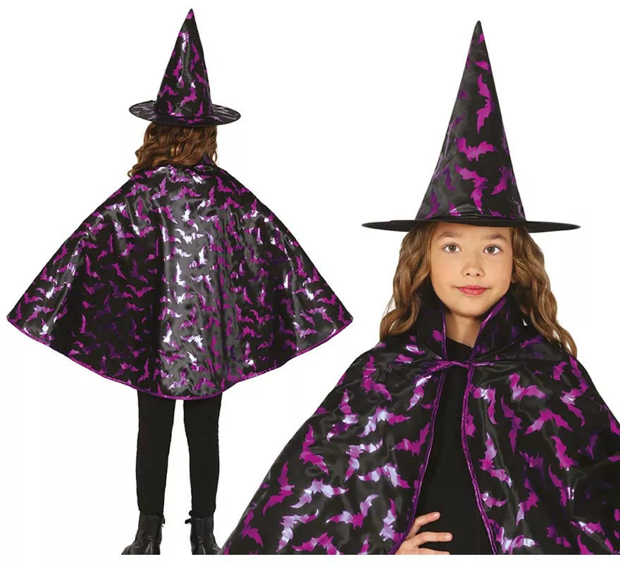 Translation missing: pt-PT.Kit de Bruja negro y lila Infantil: Capa y Sombrero
