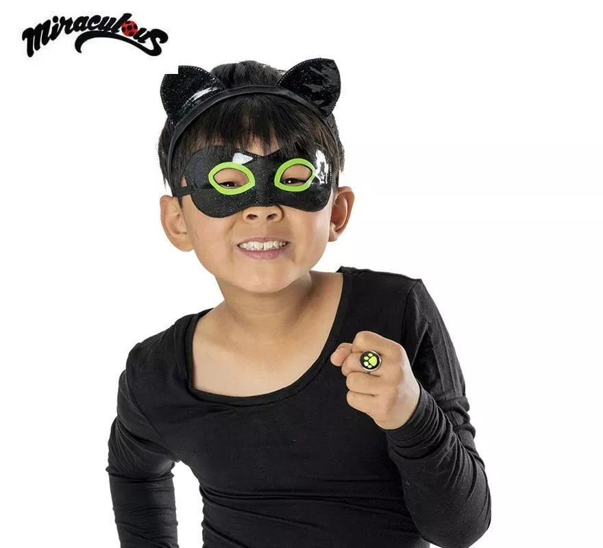 Translation missing: pt-PT.Kit de Cat Noir Miraculous infantil: Antifaz, diadema y anillo