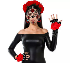 Kit Catrina: Tiara, Brincos e Luvas com Flor