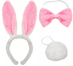 Kit Coelho Branco e Rosa: Tiara, Laço e Rabo