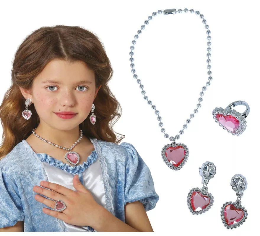 Kit de Corazón rosa infantil: Collar, Anillo y Pendientes