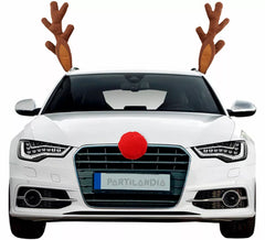 Kit de decoração para carro com chifres de rena e nariz vermelho.