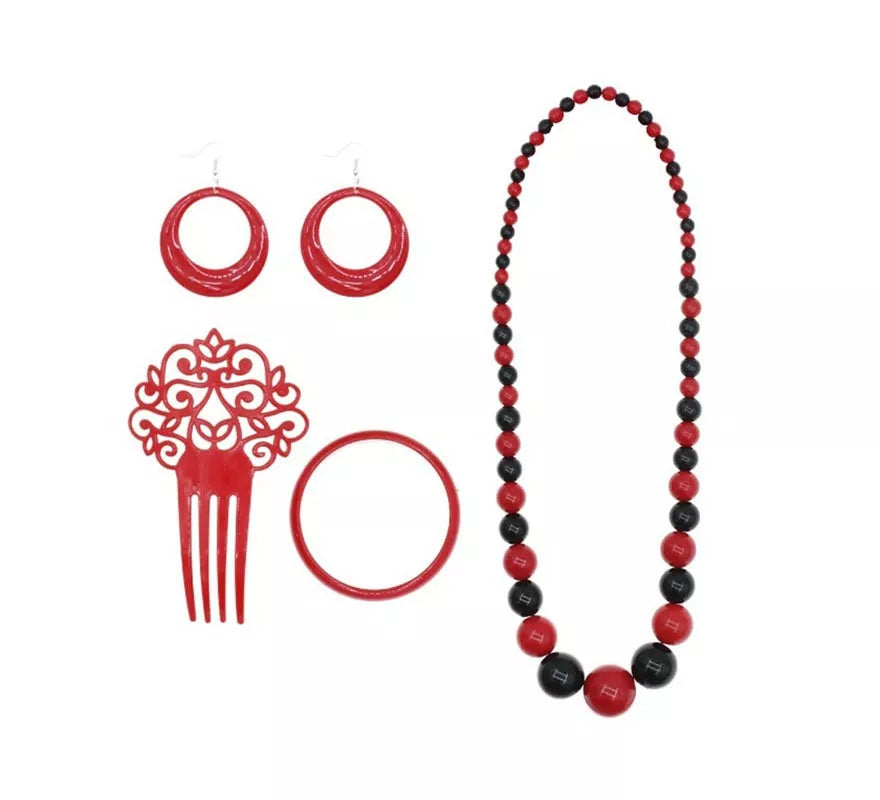 Translation missing: pt-PT.Kit de Flamenca rojo y negro: Collar, Pendientes, Pulsera y Peineta