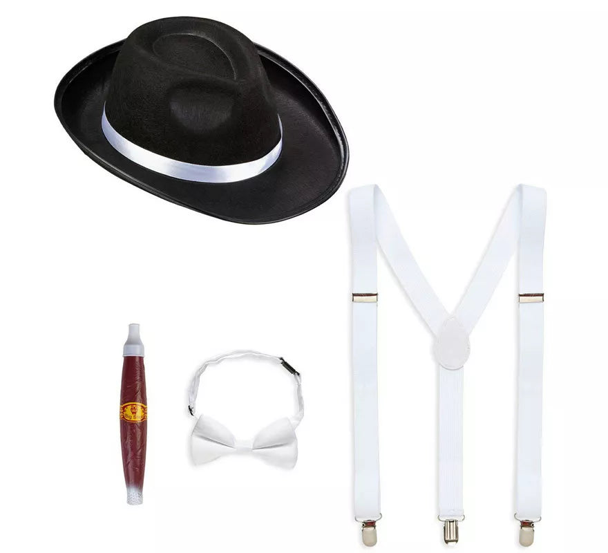 Translation missing: pt-PT.Kit de Gánster Blanco y Negro: Sombrero, Tirantes, Corbatín y Tabaco