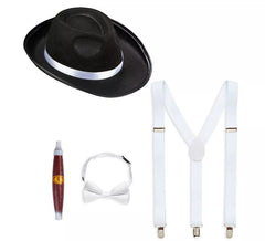 Kit Gangster preto e branco: chapéu, suspensórios, gravata borboleta e tabaco