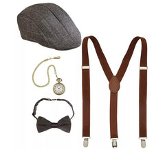Kit Gangster inglês: boina, suspensórios, relógio e gravata borboleta