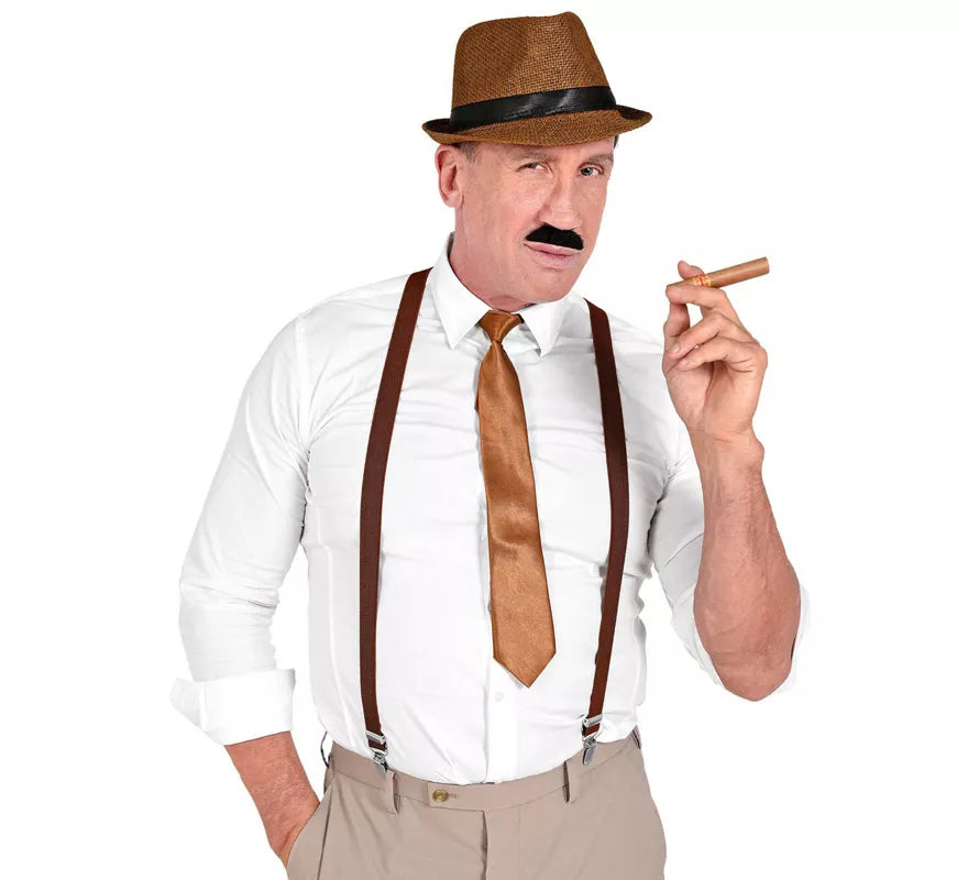 Translation missing: pt-PT.Kit de Gánster Marrón: Sombrero, Tirantes, Corbata, Bigote y Tabaco