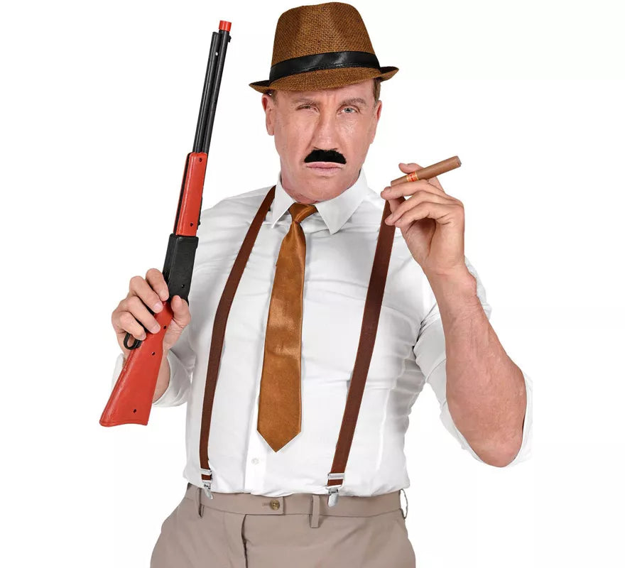 Translation missing: pt-PT.Kit de Gánster Marrón: Sombrero, Tirantes, Corbata, Bigote y Tabaco