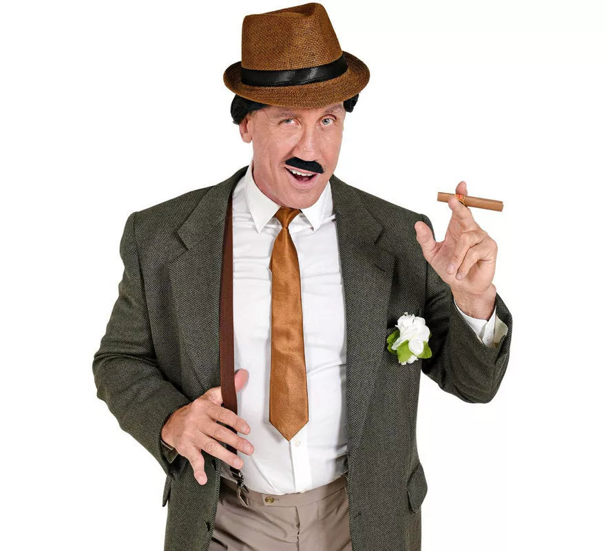 Translation missing: pt-PT.Kit de Gánster Marrón: Sombrero, Tirantes, Corbata, Bigote y Tabaco