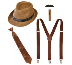 Kit Gangster Marrom: Chapéu, Suspensórios, Gravata, Bigode e Tabaco