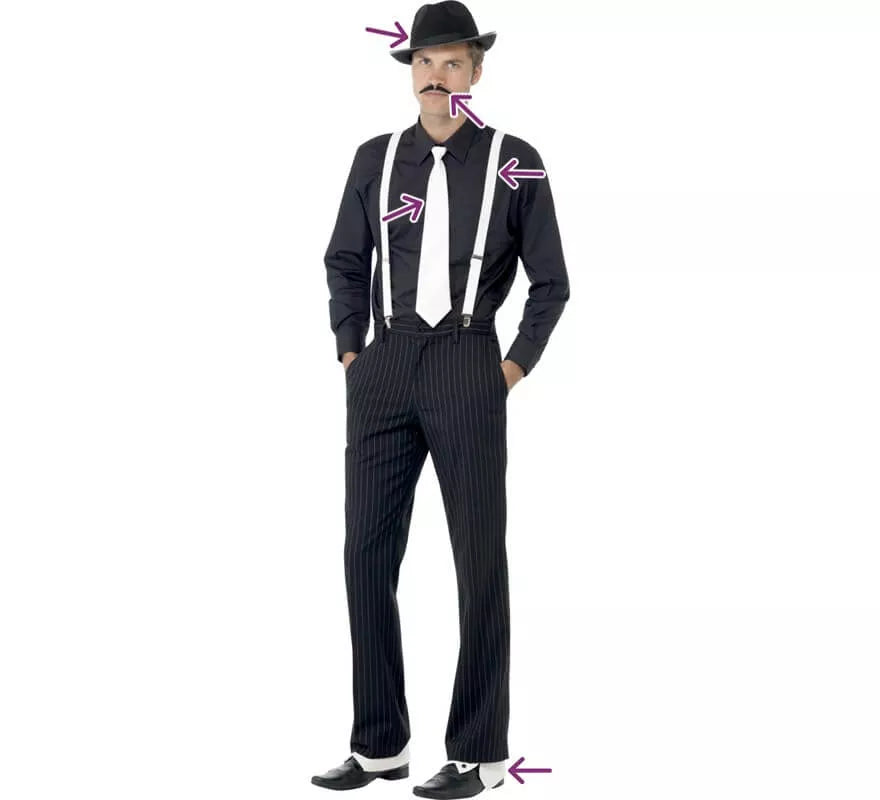 Translation missing: pt-PT.Kit de Gánster: Tirantes, Corbata, Sombrero, Polainas y Bigote