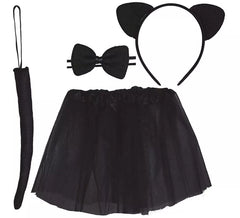 Kit Gatinho Infantil: Tutu, Tiara, Laço e Rabo 30 cm